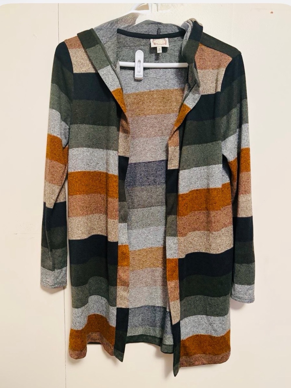 Striped Hooded Open-Front Cardigan in Green, Gray, Brown